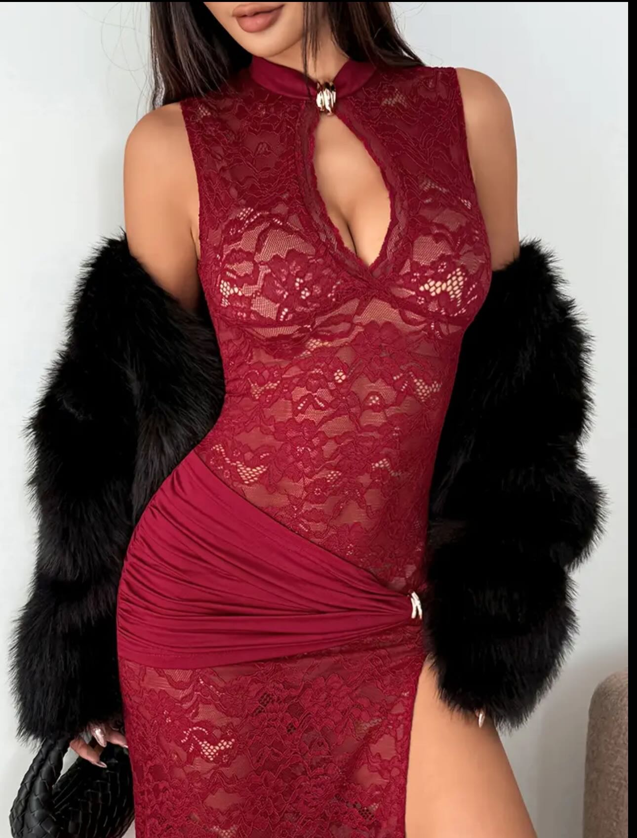 Robe longue élégante en dentelle noire transparente pour femme, froncée, à fente haute, style maxi, pour soirée, club, cocktail, été, bordeaux, blanc