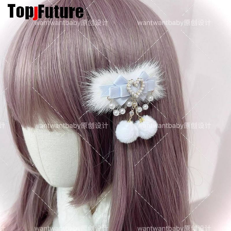 Ji System Subculture Imitation Rabbit Harajuku Goth Love Pearl Fluffy Lolita Steampunk Y2K Girl Women Hair Accessory Scarf