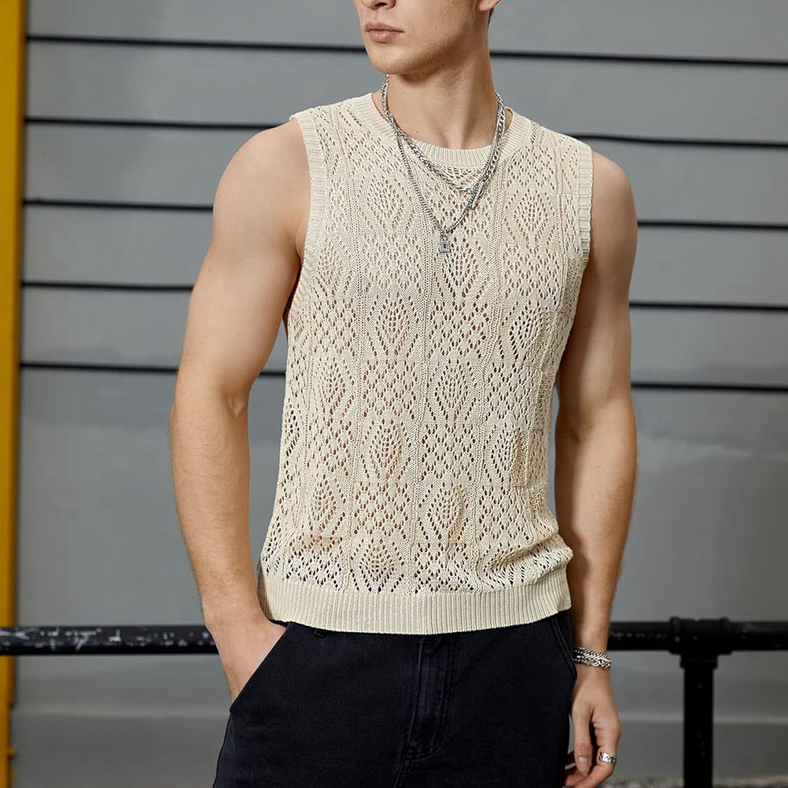 Hauts de plage pour hommes, gilet tricoté ajouré, col rond, sans manches, vêtements masculins avec dessins, Camiseta Sin Mangas Hombre
