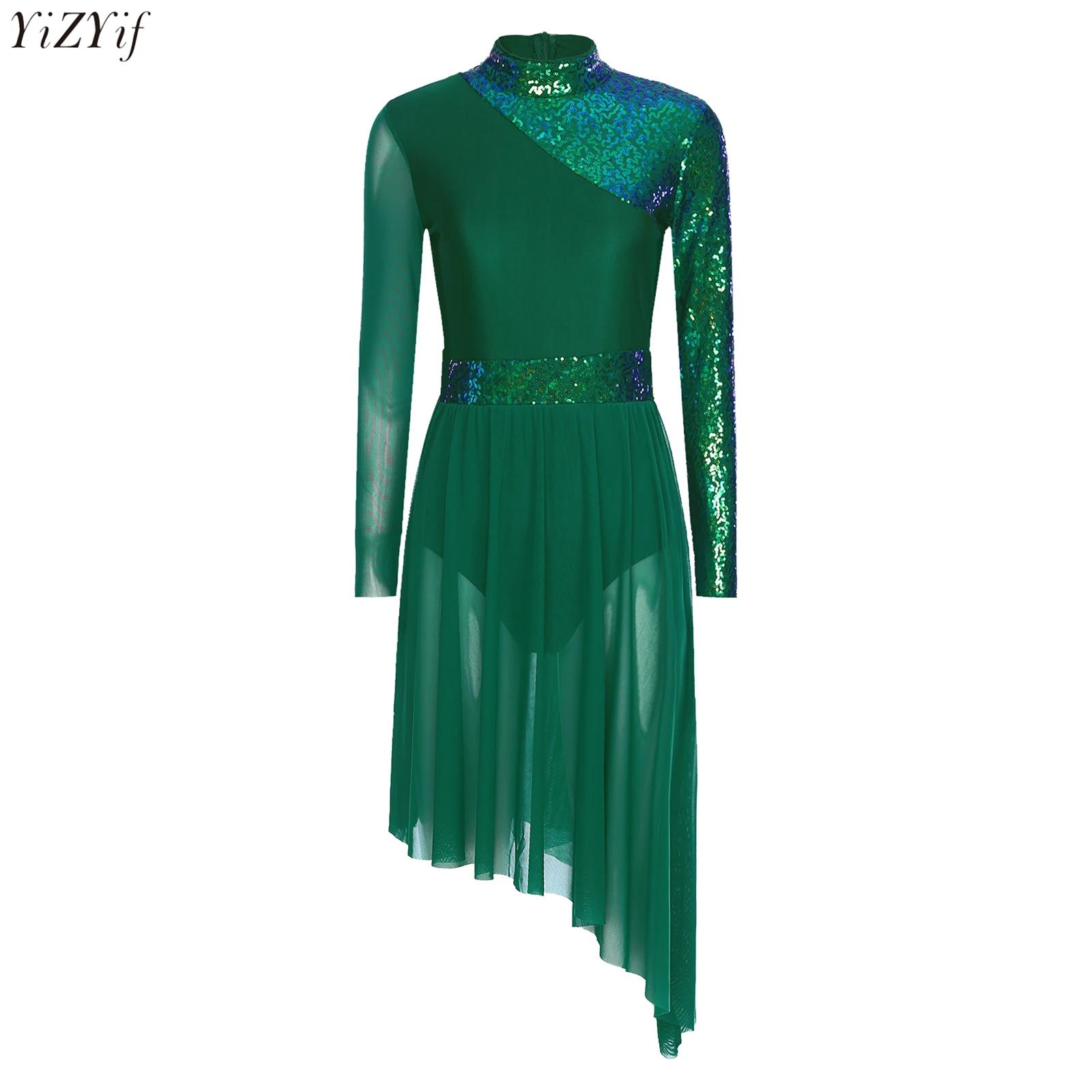 Robe lyrique pour femmes, robe de Ballet, manches longues, paillettes brillantes, ourlet irrégulier, justaucorps de danse, vêtements de danse pour spectacle sur scène