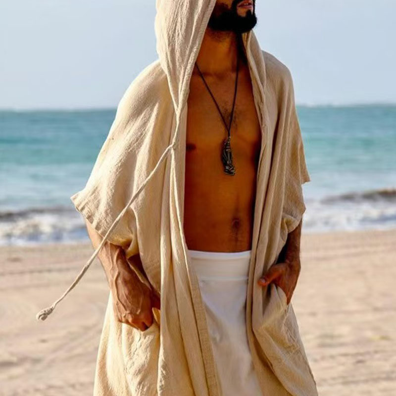 Cardigans d'été mi-longs pour hommes, amples et décontractés, vêtements de Protection solaire, Style vacances à la plage, manteau châle ample, Cape longue à capuche