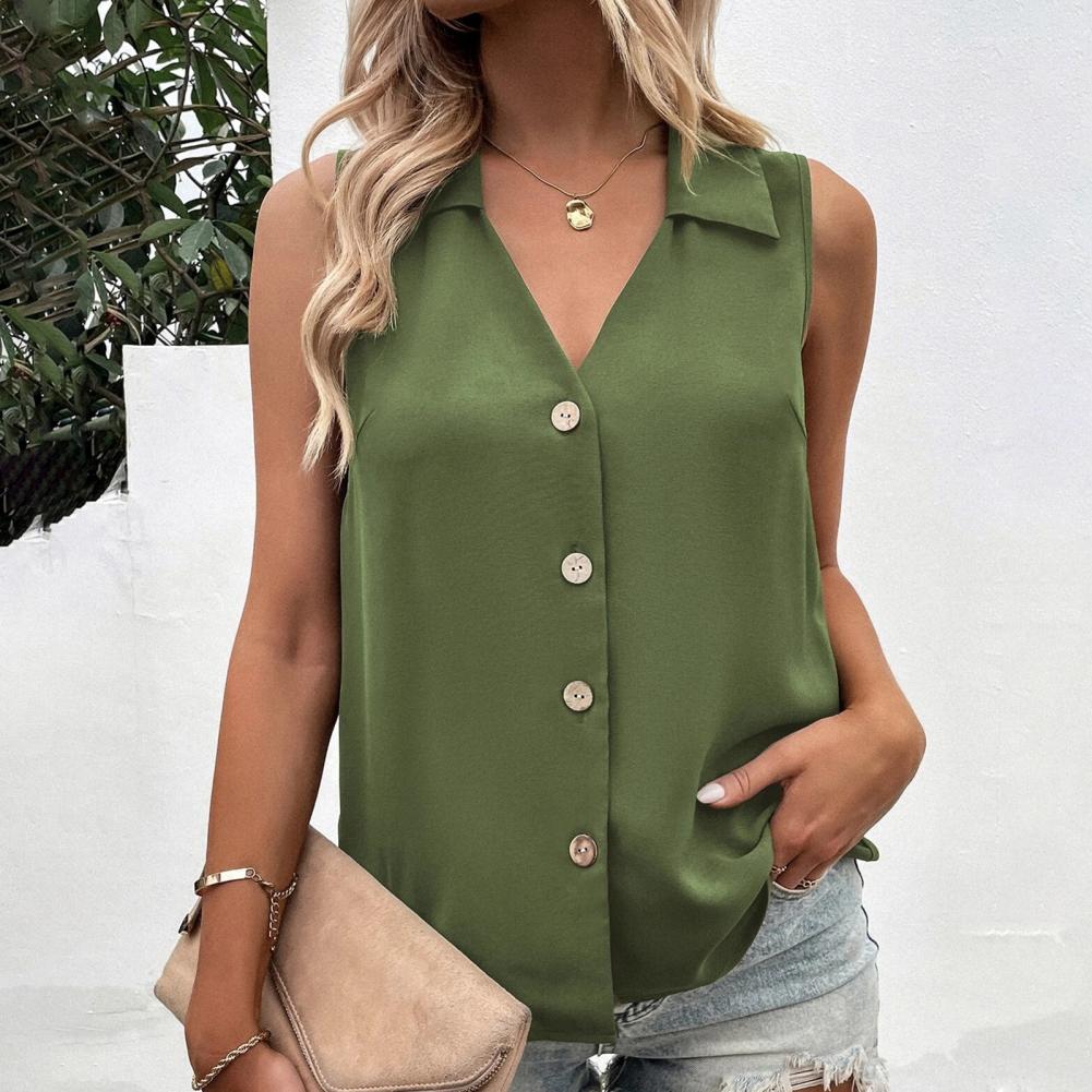 T-Shirt d'été pour femmes, débardeur décontracté, surdimensionné, col en v, sans manches, boutons, simple boutonnage, mi-long, chemises pour femmes