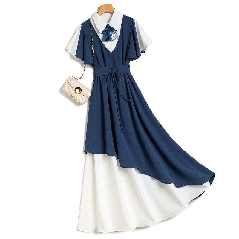 Robe Lolita décontractée pour filles, tenue mignonne pour femmes, Design de Niche française, robes d'épissure de doublure d'étudiant Y2K, robe japonaise coréenne à coutures bleues