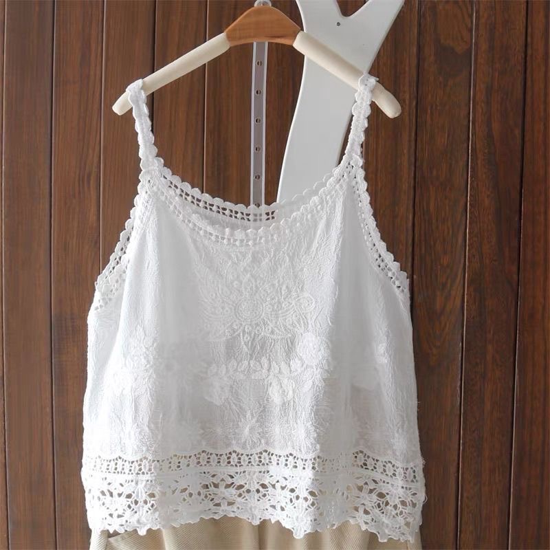 Débardeur Camisole en coton Crochet ajouré pour femmes, Style Boho, dentelle fine brodée, hauts sans manche, T-shirt gris vert, été