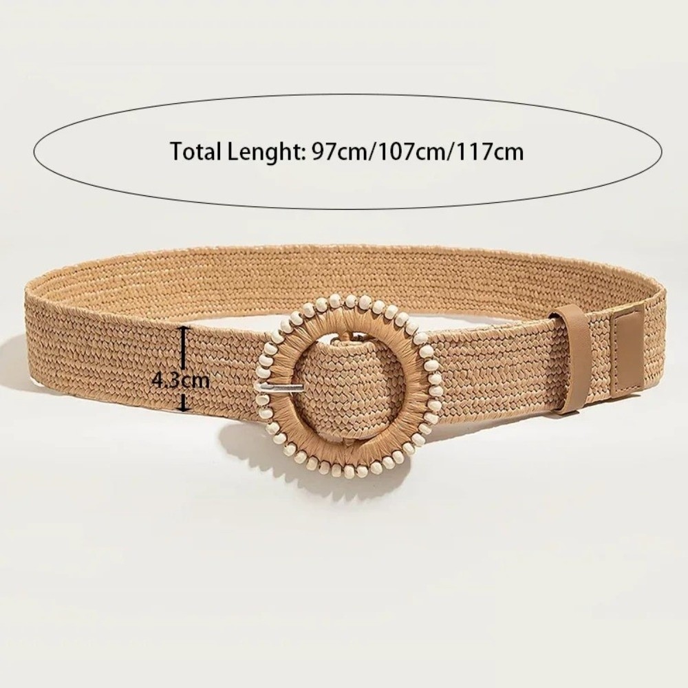 Ceinture de taille tendance à boucle ronde, ceinture en paille bohème, ceinture tissée bohème avec boucle elliptique et perles décoratives pour femme, idéale pour la plage et les vacances