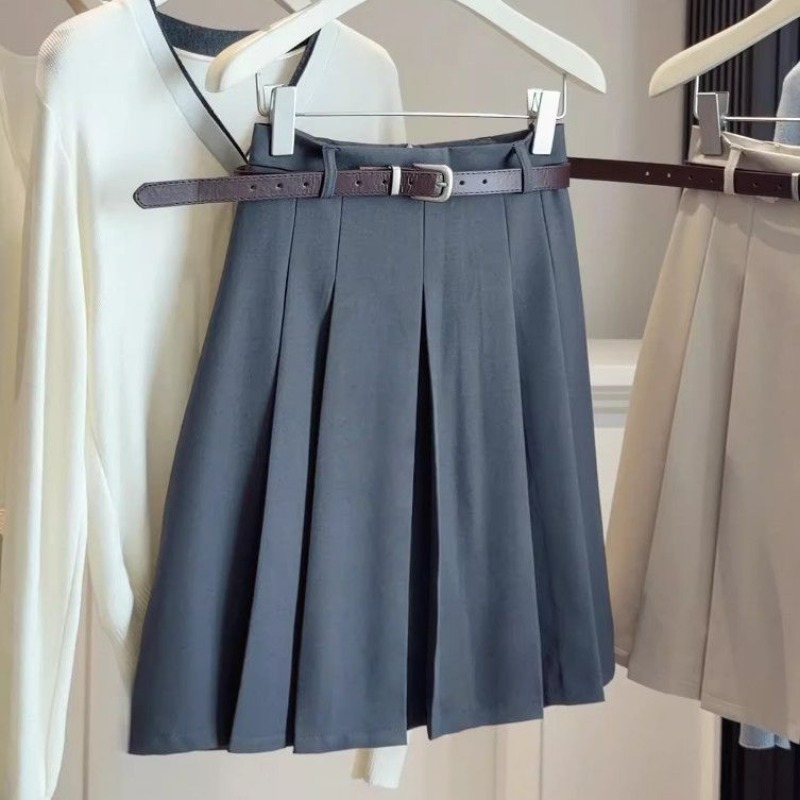 Jupe midi plissée taille haute pour femme avec ceinture, style preppy, jupe décontractée