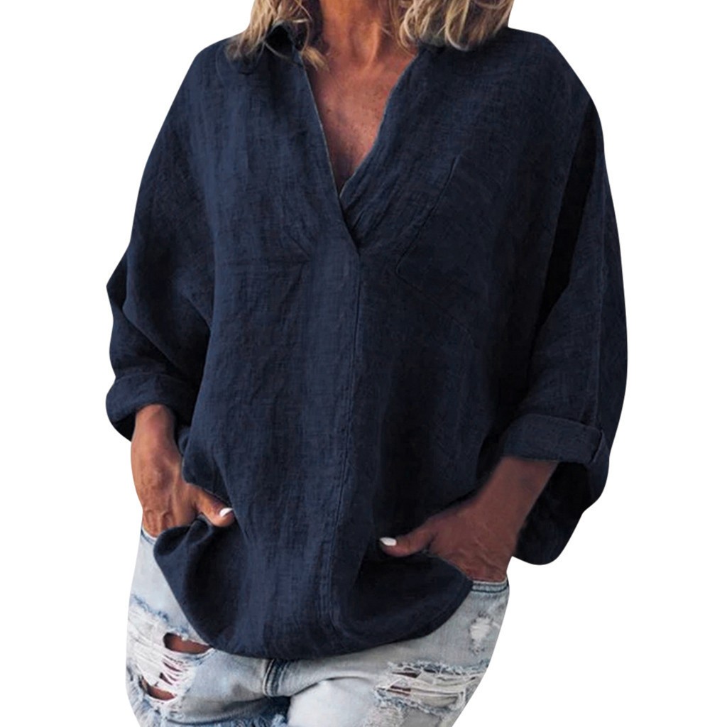 Chemises d'été à la mode pour femmes, couleur unie, col en V, manches longues, décontractées, amples, Style Boho, coton et lin, simples et élégantes