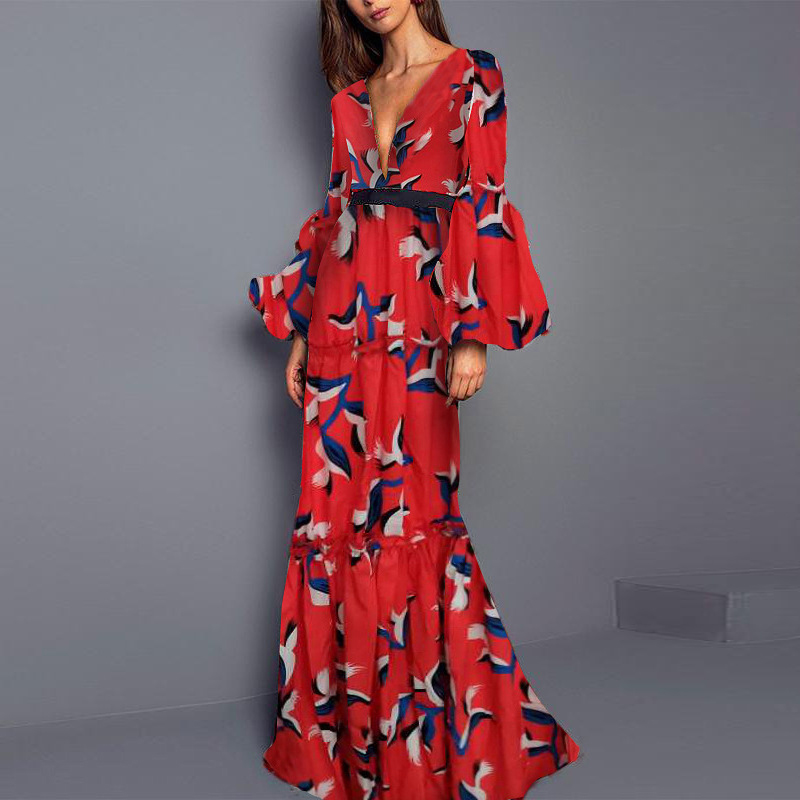 Robe longue de soirée élégante pour femmes, Sexy, décolleté en V profond, imprimé floral, Vintage, manches lanternes, plissée, style bohème, 2023