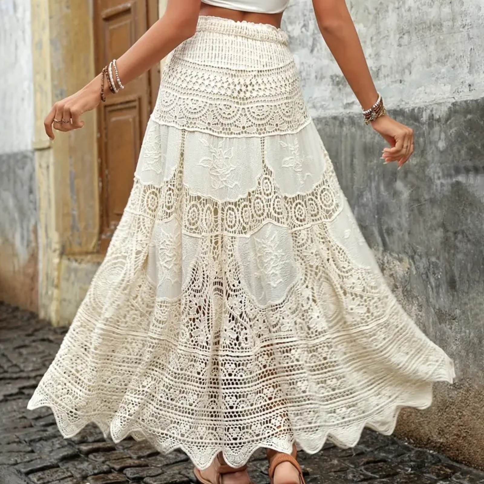 Yiiciovy été dentelle fleur jupes de plage femmes a-ligne Maxi jupe longue Crochet Boho jupe fluide pour tenues de vacances à la plage