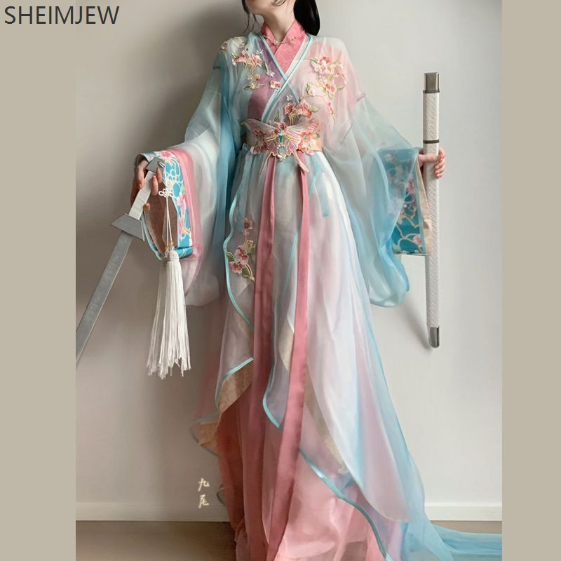 Vêtements chinois d'été Hanfu costume amélioré brodé états de guerre Robe quotidienne courte mince Style palais dames rose Hanfu costume