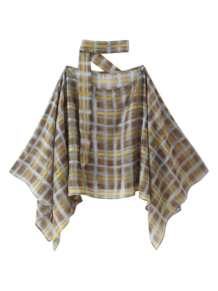 Ensembles de jupes mi-longues à carreaux printemps 2026 pour femmes, élégant haut à col écharpe à épaules dénudées, cape, hauts décontractés, jupe mi-longue, streetwear
