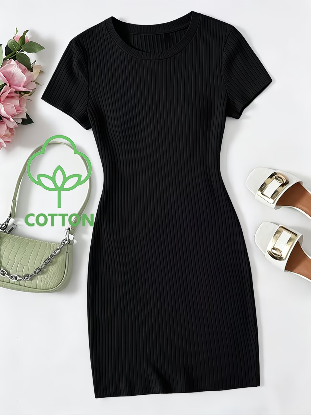 Lot de 3 Robes Décontractées Unies à Manches Courtes - Ensemble de Robes Débardeurs en Coton Côtelé Ajustées Multi-Occasions pour Tenues Quotidiennes