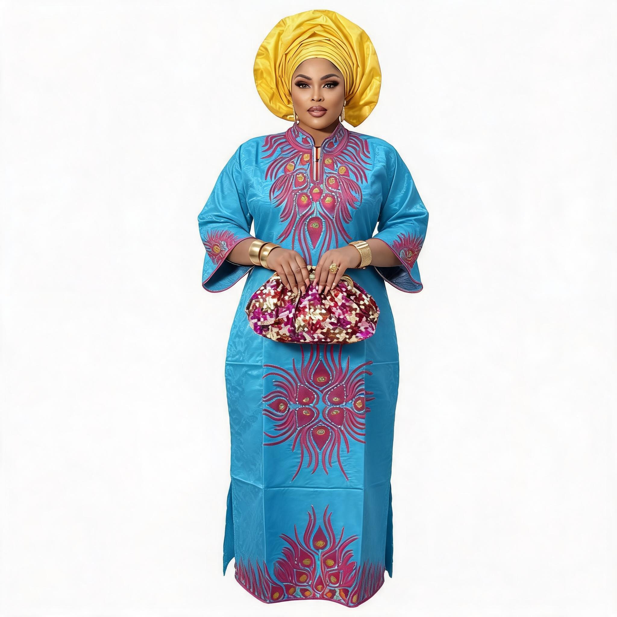 Robes africaines pour femmes grande taille, robe longue en bazin riche avec broderie et écharpe