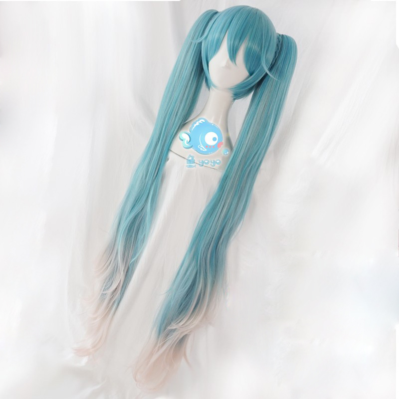 Magic Miku – perruque synthétique longue bleu dégradé rose, postiche Cosplay avec queue de cheval amovible + bonnet de perruque