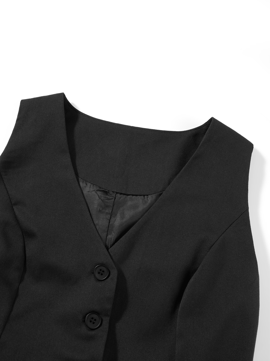 Mode femme noir gilets sans manches décontracté col en V bouton gilet formel affaires smoking chemise coupe ajustée recadrée Blazer gilets