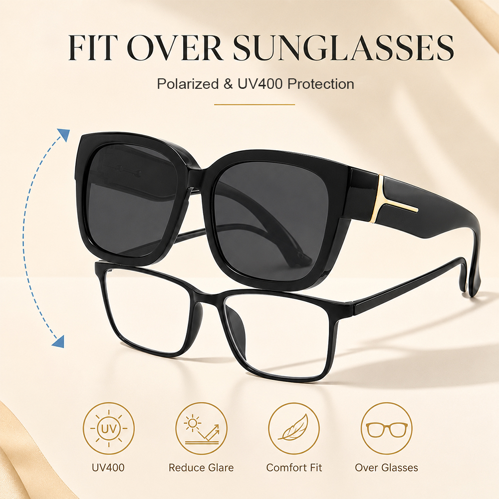 Lunettes de soleil polarisées à porter par-dessus des lunettes pour femmes, lunettes de soleil carrées surdimensionnées pour la conduite et les activités de plein air, protection UV400