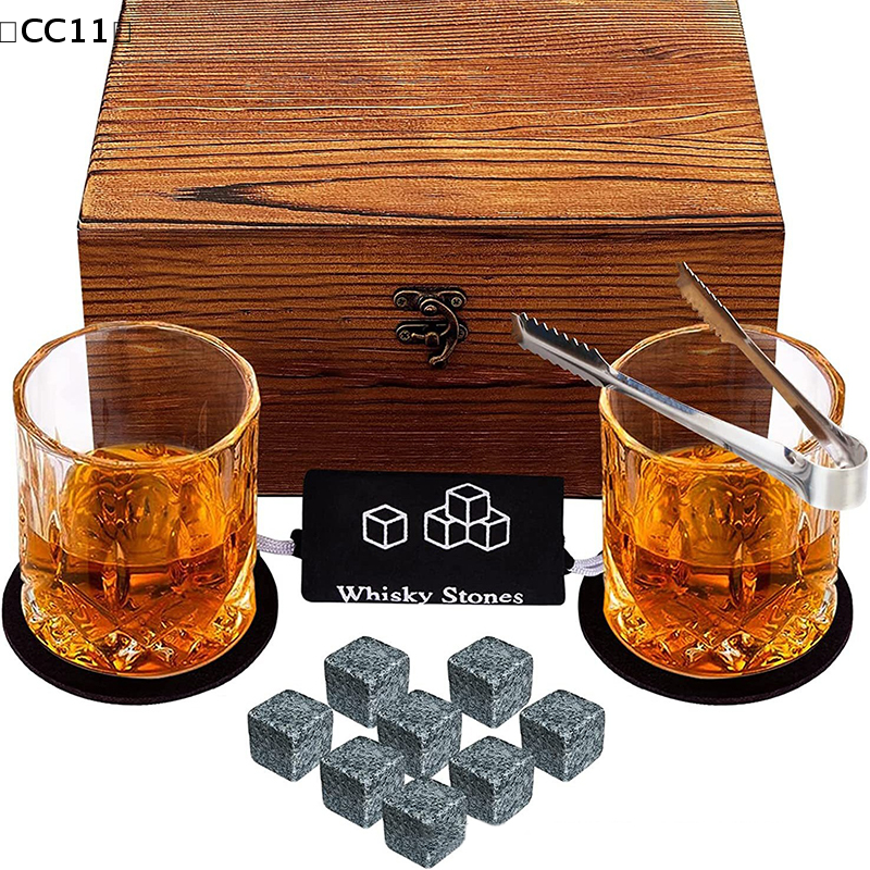 Cadeau pour la fête des pères, ensemble de pierres à whisky, 8 pièces, cubes de glace en granit + 2 tasses pour whisky dans une boîte en bois, cadeau pour papa〔CC11〕