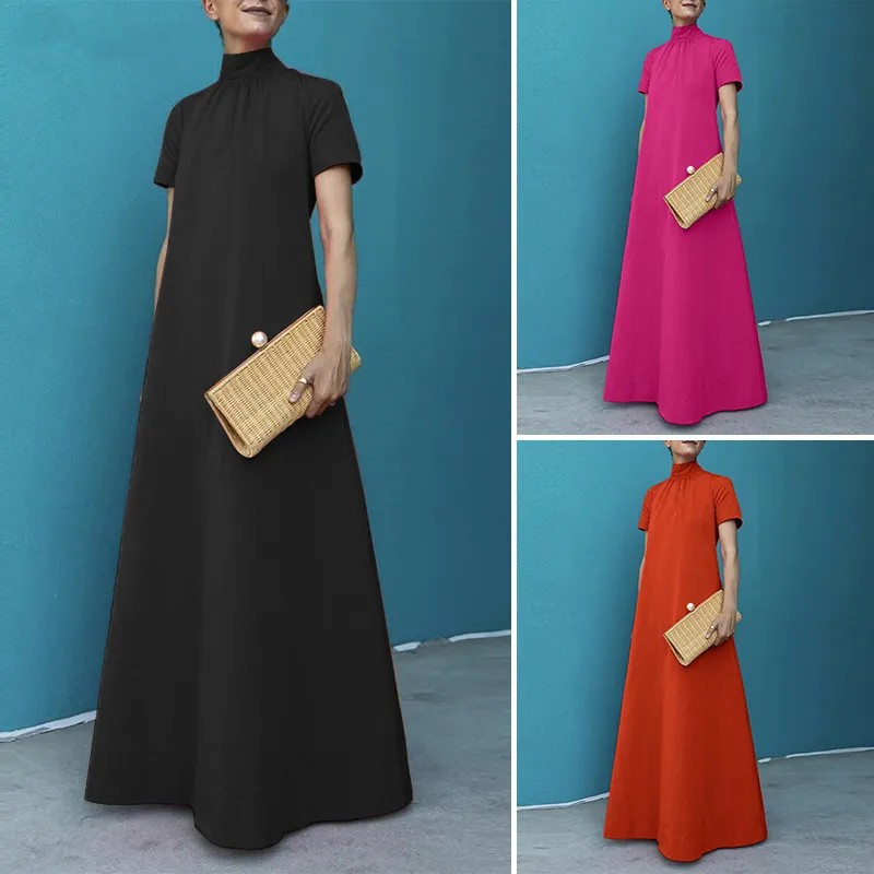 Robe longue ample à manches courtes pour femmes, gilet monochrome, robe de soirée décontractée, vêtements élégants, grande taille