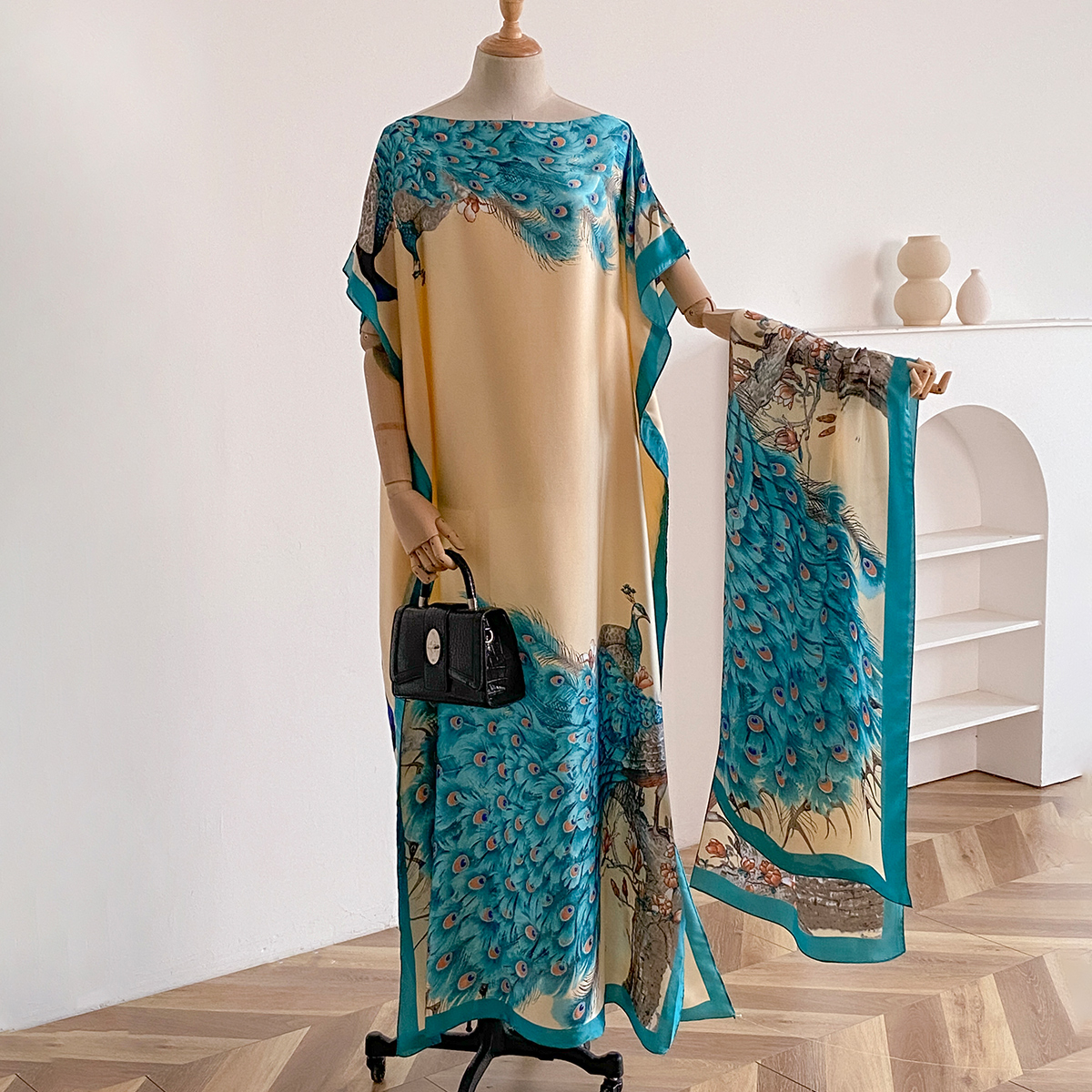 Robe Maxi Décontractée avec Grande Écharpe pour Femme, Kaftan Musulman, Africain, Châle Paon, Été, Dubaï, Turquie, Abaya, Nouvelle Mode