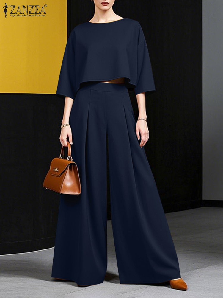 ZANZEA été 2 pièces femmes pantalons ensembles mode correspondant ensembles 3/4 manches Blouse ample jambe large pantalon costume élégant travail OL tenues