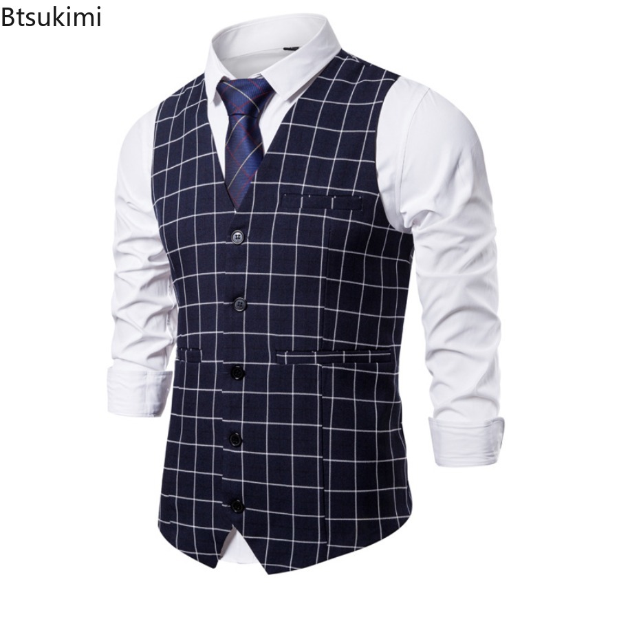 Gilet de Costume Tendance 2026 pour Hommes – Gilet Habillé Slim à Carreaux, Col V Vintage, Sans Manches, Idéal pour Mariage, Fête, Cérémonie – Gilet Formel pour Gentlemen