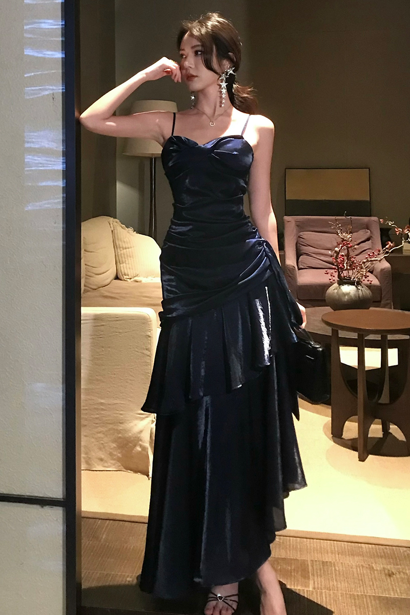 Robe longue de soirée élégante et Sexy pour femmes, tenue de soirée d'anniversaire, sans manches, bretelles Spaghetti, dos nu, style sirène, à volants, été