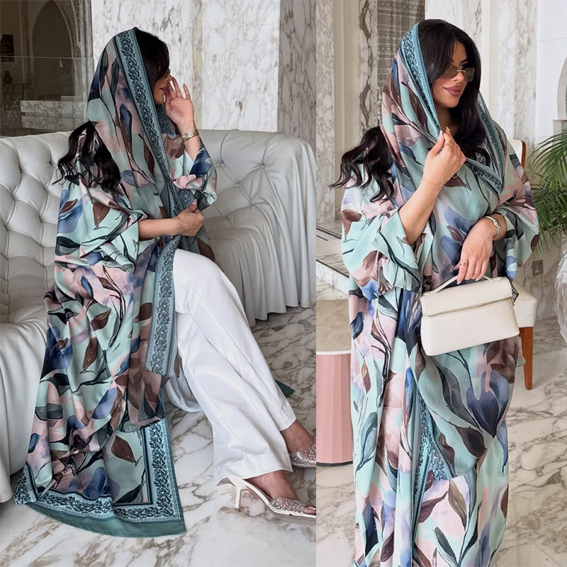 Ensemble 2 pièces Abaya Hijab imprimé pour femme, Robe Cardigan Khimar, Abayas musulmanes, Caftan, Jalabiya, style Maroc Dubaï, pour l'Aïd et le Ramadan