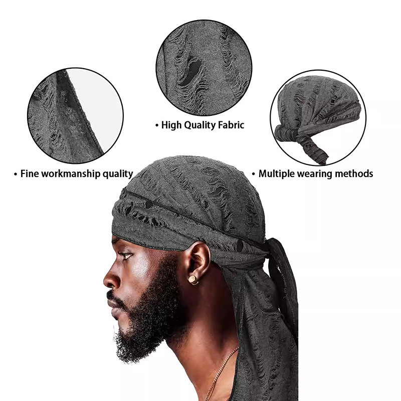 Durag longue queue coton ruban Pirate chapeau écharpe rétro trou cassé Durag chimio casquettes Turban bandeau pour cheveux Bandanas bandeau