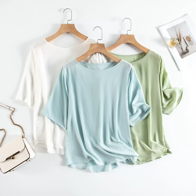 T-shirt d'été grande taille pour femme en 100% soie de mûrier crêpe de Chine, coupe ample, léger et fin – Offre spéciale