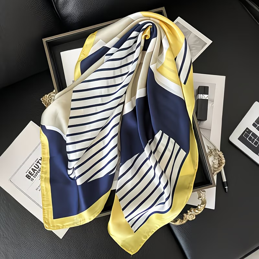 1 écharpe carrée élégante à rayures bleu marine, blanches et jaunes - Matière polyester respirante, très adaptée pour servir de bandeau, de châle et d'accessoire pour les cheveux, design élégant à nouer, idéale pour les tenues décontractées du week-end, accessoire de cou tendance. |     Bandeau à la mode |     Écharpe en satin texturé, Écharpe