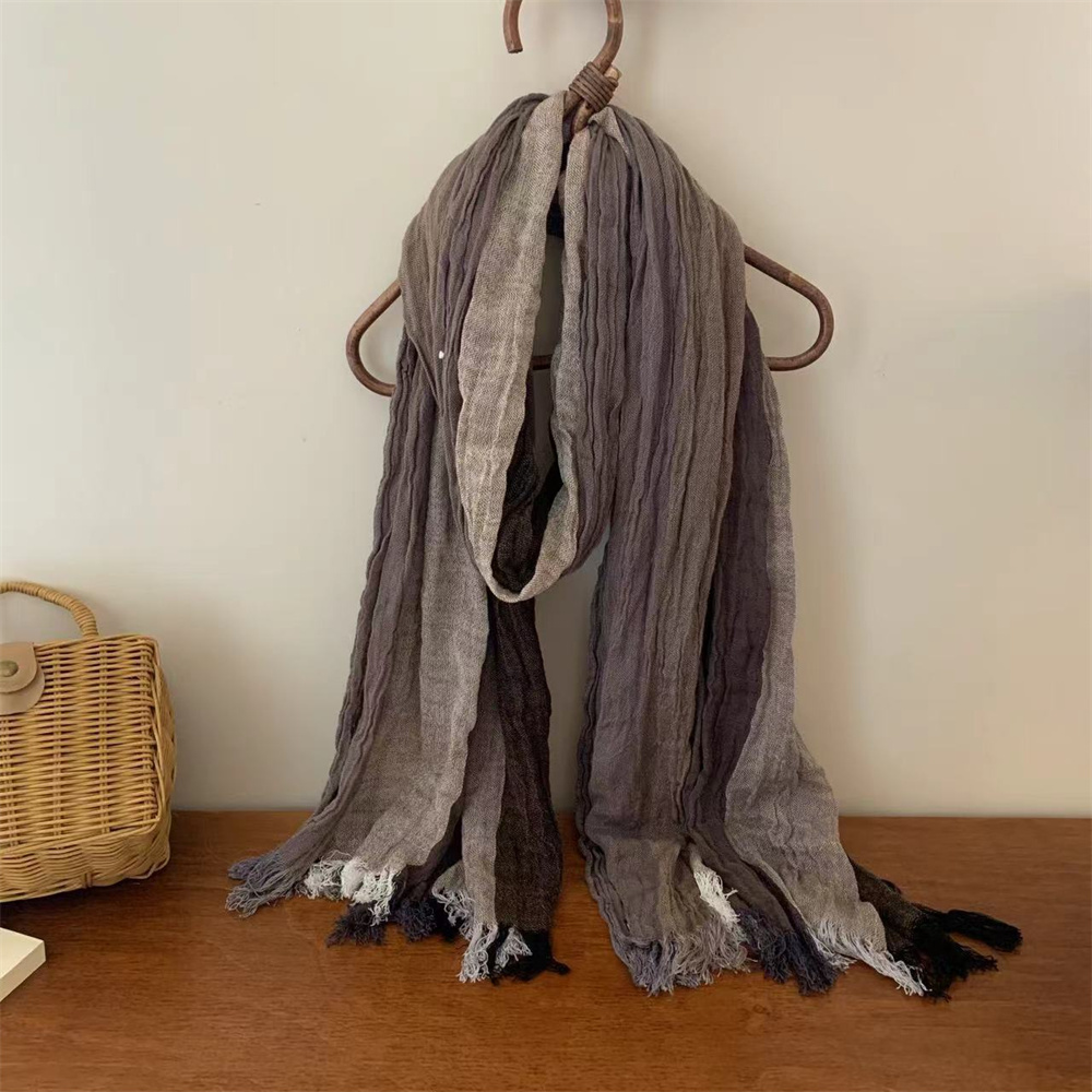 Écharpe longue à franges en lin mélangé style bohème rétro 2026 pour femme, dégradé de couleurs, respirante et douce, à rayures, pour usage quotidien