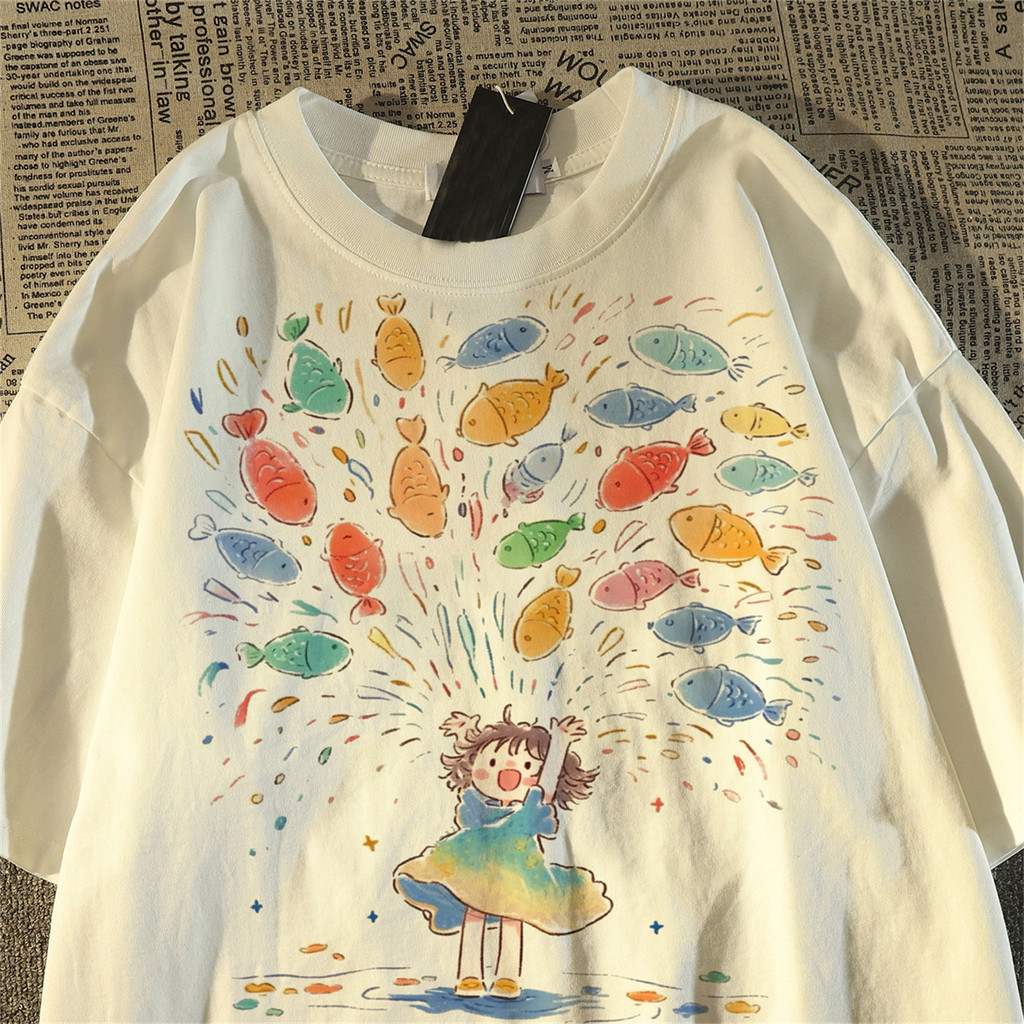 T-Shirt surdimensionné à manches courtes pour hommes/femmes, imprimé de poisson de dessin animé, décontracté, à la mode, pour l'été