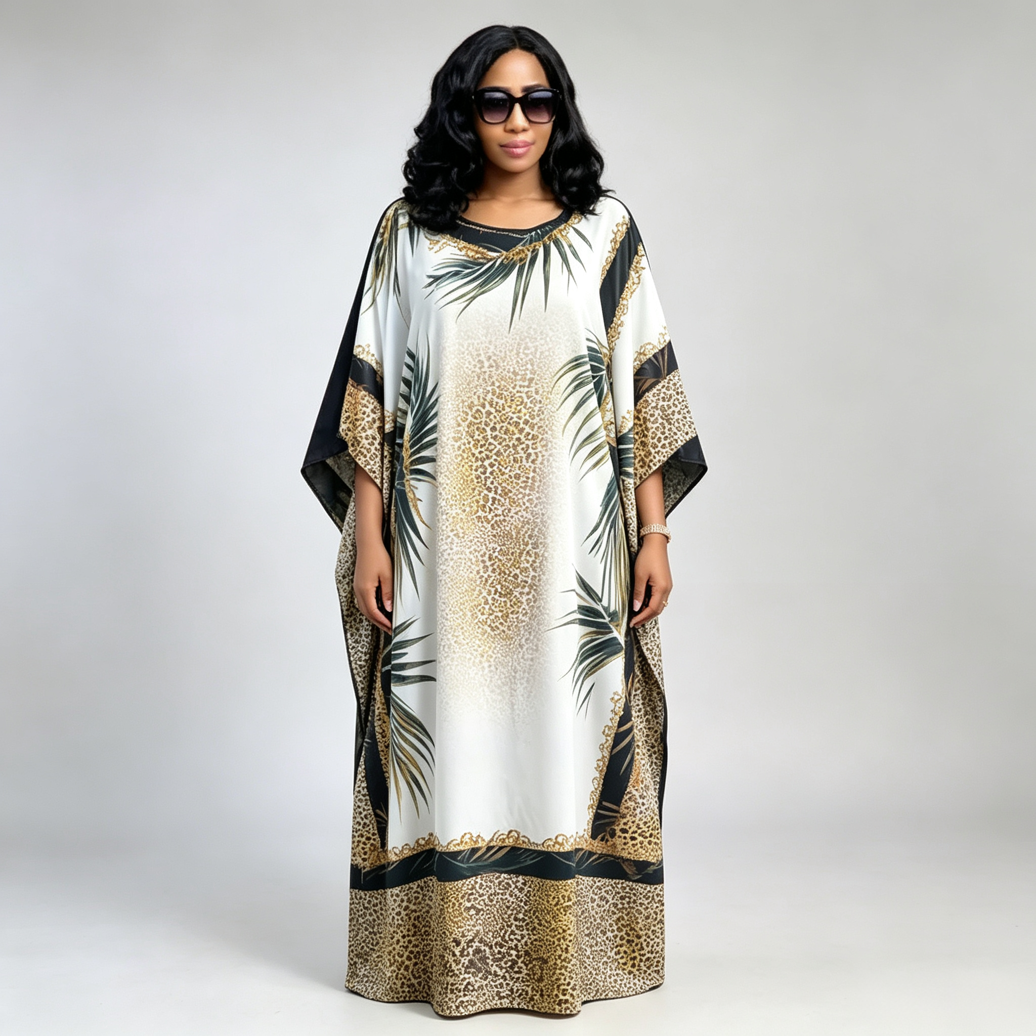 Robe Kaftan Africaine pour Femme, Imprimé Léopard Blanc et Palmiers, Abaya Ample Droite, Robe Longue Maxi Noire Pure, Grande Taille, Robe Longue Musulmane