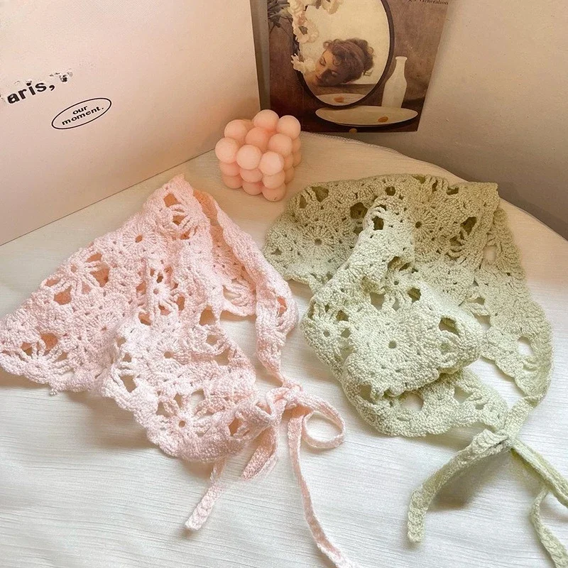 Foulard tricoté tendance, style pastoral français, bandeau triangulaire, bandeau au crochet fait main, foulard rétro à fleurs