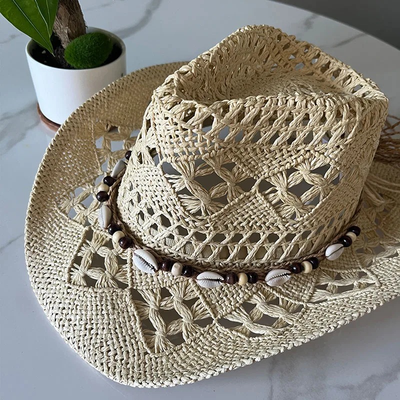 Chapeau de paille bohème d'été pour femmes et hommes, chapeaux de Cowboy de plage, perles en bois ajourées, chapeau de soleil occidental à large bord, casquette de vacances