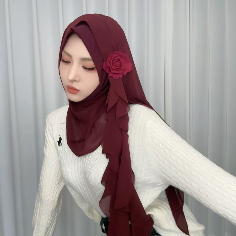 Rose Applique Design mousseline de soie musulman automne nouvelles enveloppes féminines Hijab