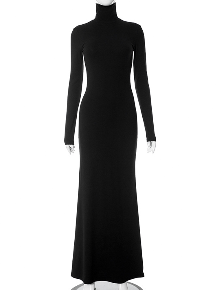 Huhugirl Robes élégantes pour les femmes mode Sexy solide col roulé manches longues gaine longues Robes Robes femme fête régulière
