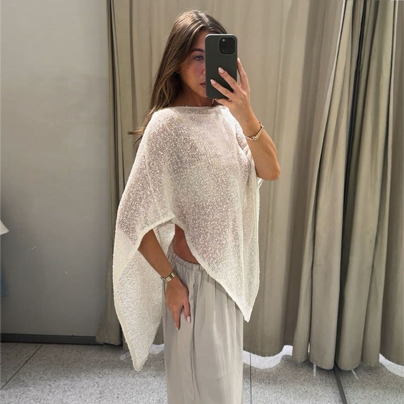 Haut asymétrique en maille métallisée pour femme, semi-transparent, idéal pour l'été, les vacances et la plage
