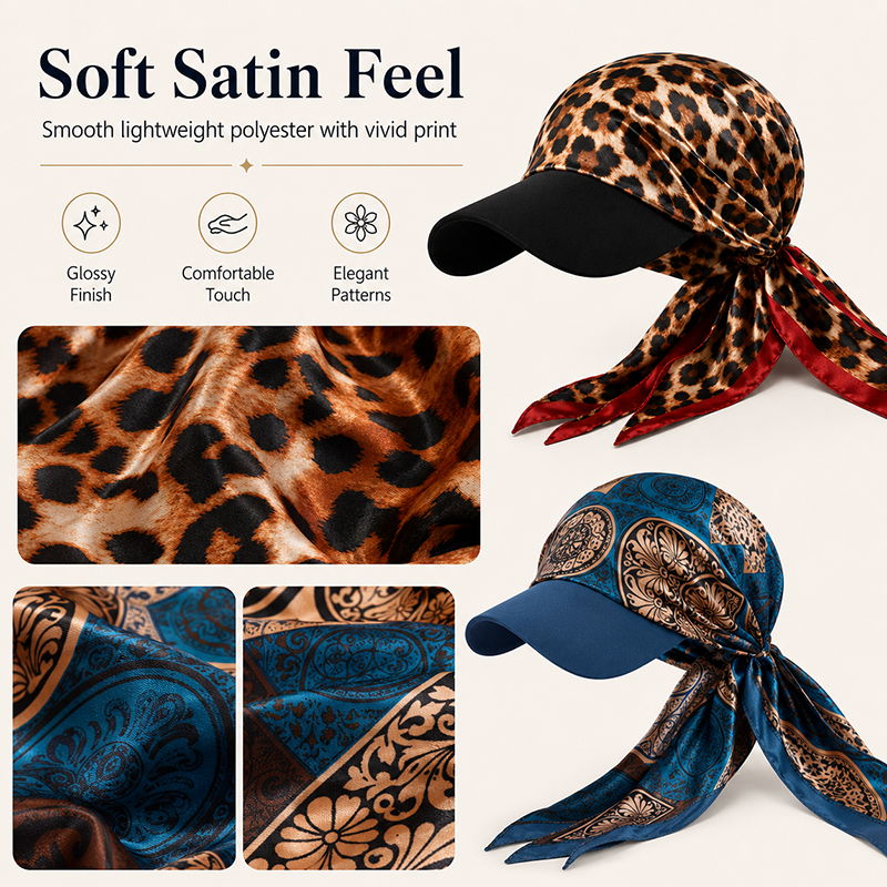 Casquette de baseball pour femme avec foulard intégré, en satin imprimé, protection solaire, à nouer, pour l'extérieur, été, visière pare-soleil