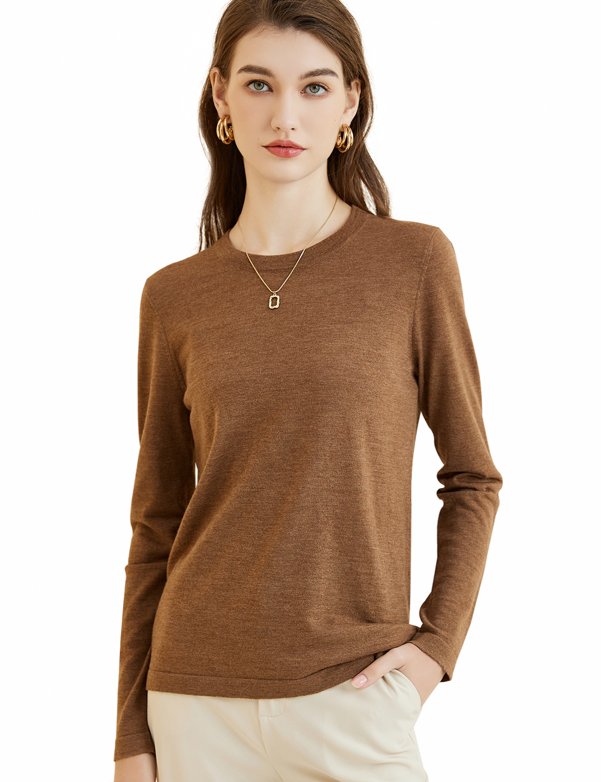 T-shirt à col rond en laine mérinos pour femme, 100% laine mérinos, couche de base, t-shirt à manches longues, vêtements en tricot en Y, haut doux, mode automne et hiver