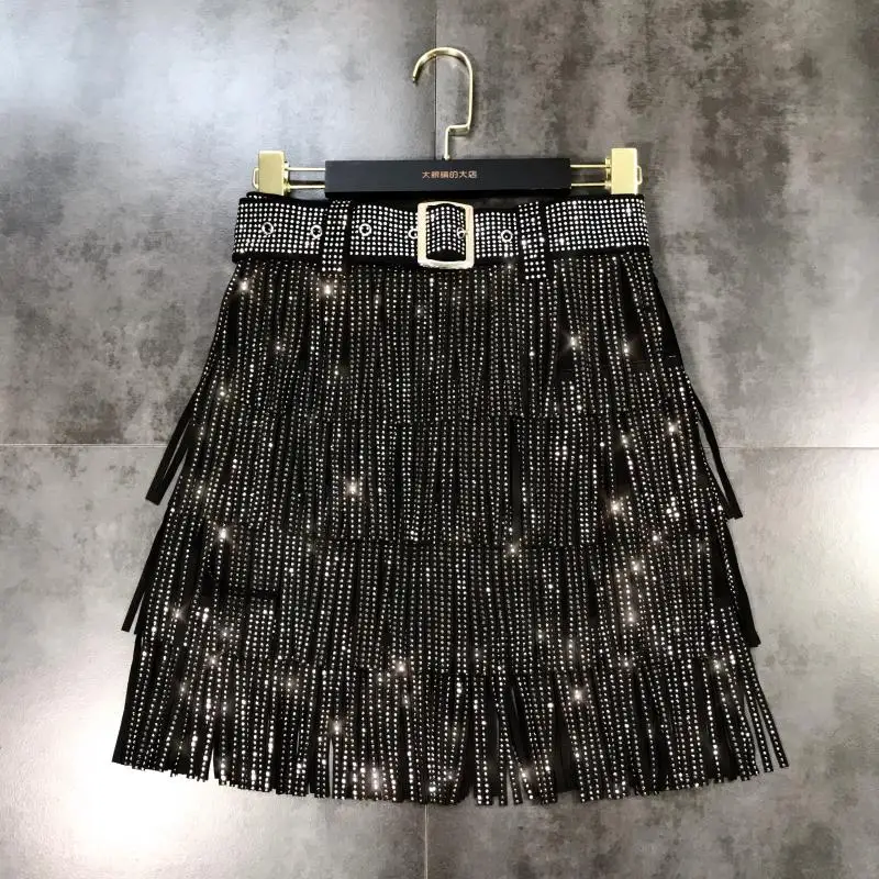 Femmes jupe mode 2025 nouveau automne taille haute ceinture multicouche courte lourde forage strass jupe à franges avec gâteau une ligne