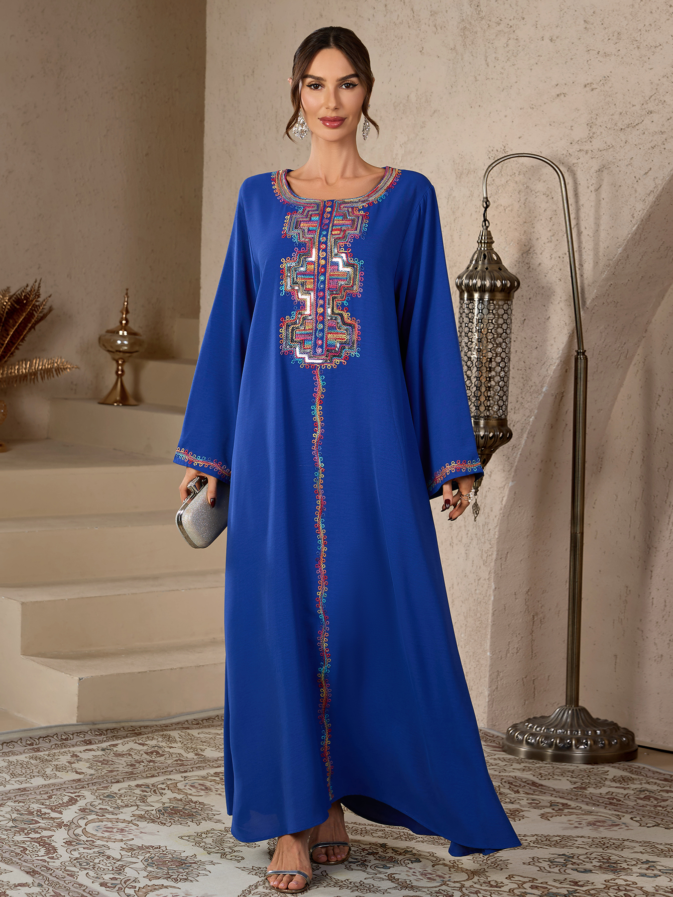 Robe Abaya islamique modeste pour femmes, broderie ethnique colorée, style marocain, col rond, robe longue décontractée, élégante, Dubai, musulmane
