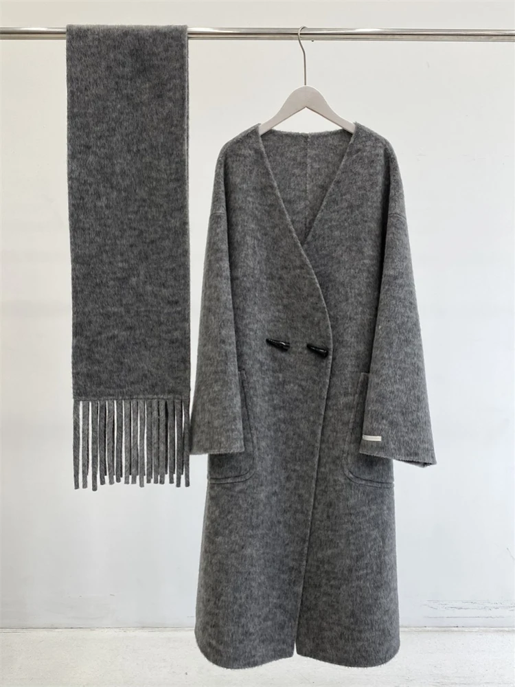 Manteau en laine à col en V pour femme, pardessus femme mi-long, écharpe double face, cachemire chaud, mode coréenne, automne, hiver, nouveau