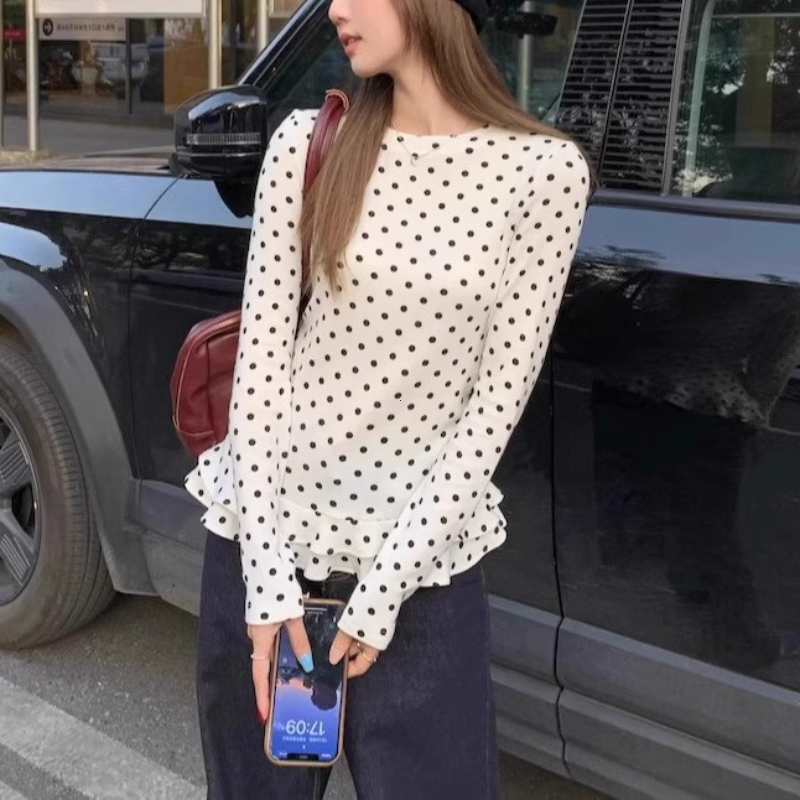 Style coréen nouveau T-Shirt à manches longues à volants pour femmes à pois mince intérieur haut chemises douces femmes vêtements mилы© топ