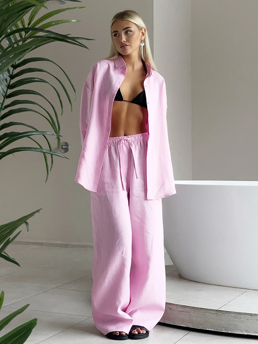 Ensemble pantalon décontracté en coton pour femmes, couleur unie, chemise confortable à revers, manches longues, tenue d'été, taille élastique, 2025