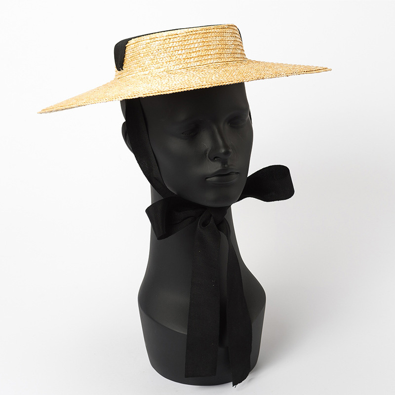 Chapeau de plaisancier à large bord 10cm 15cm, chapeau de paille plat pour femmes, chapeau d'été Kentucky Derby, blanc, noir, cravate avec ruban, chapeau de soleil, casquette de plage