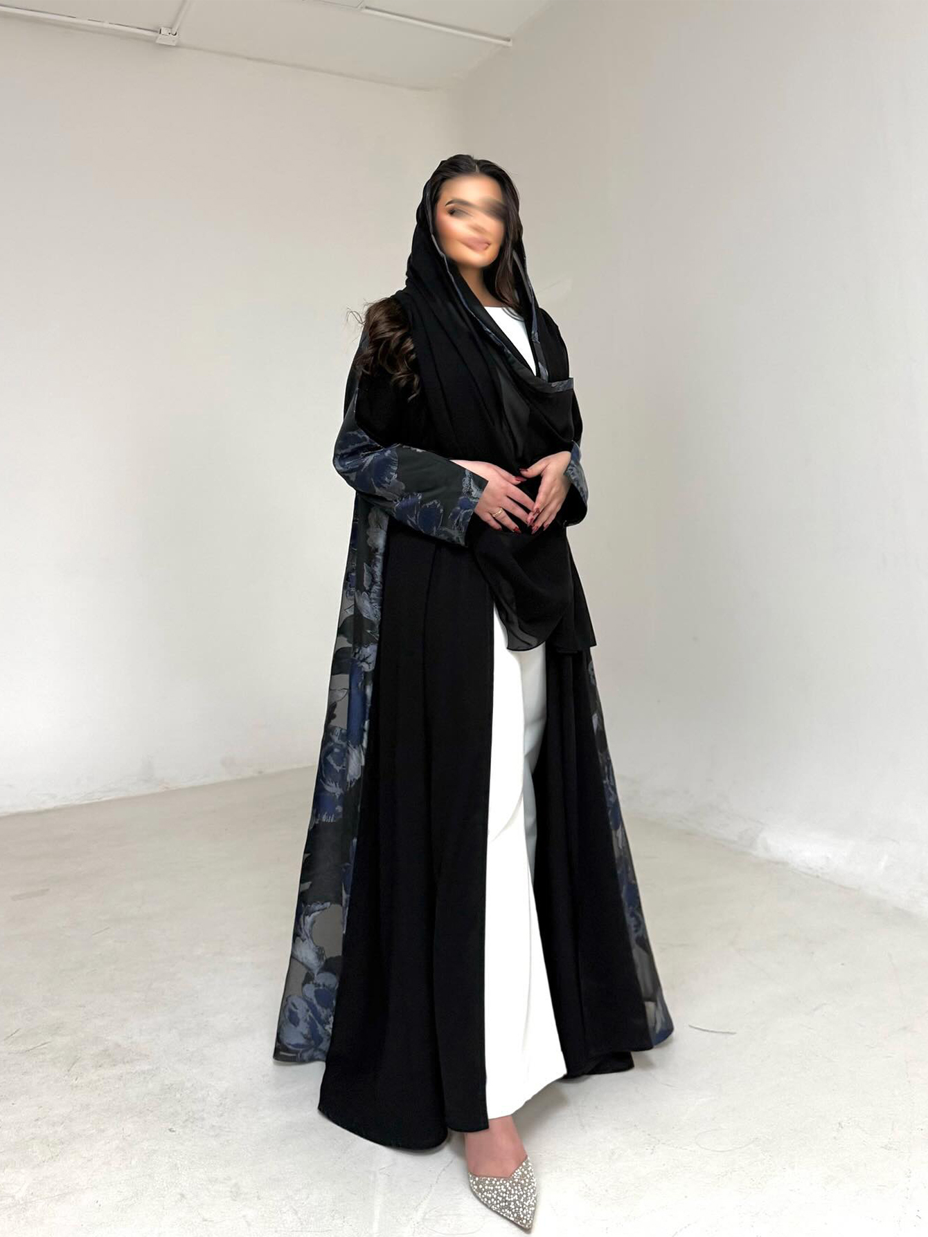 Abaya noire à imprimé floral pour femmes, robe arabe élégante à manches longues et amples