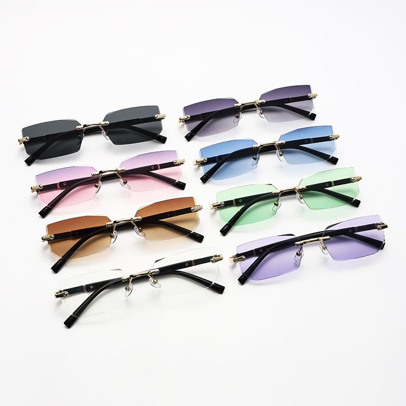 Lunettes de soleil sans monture tendance pour hommes et femmes, verres de soleil rectangulaires sans cadre, nuances rétro, lunettes de voyage d'été UV400