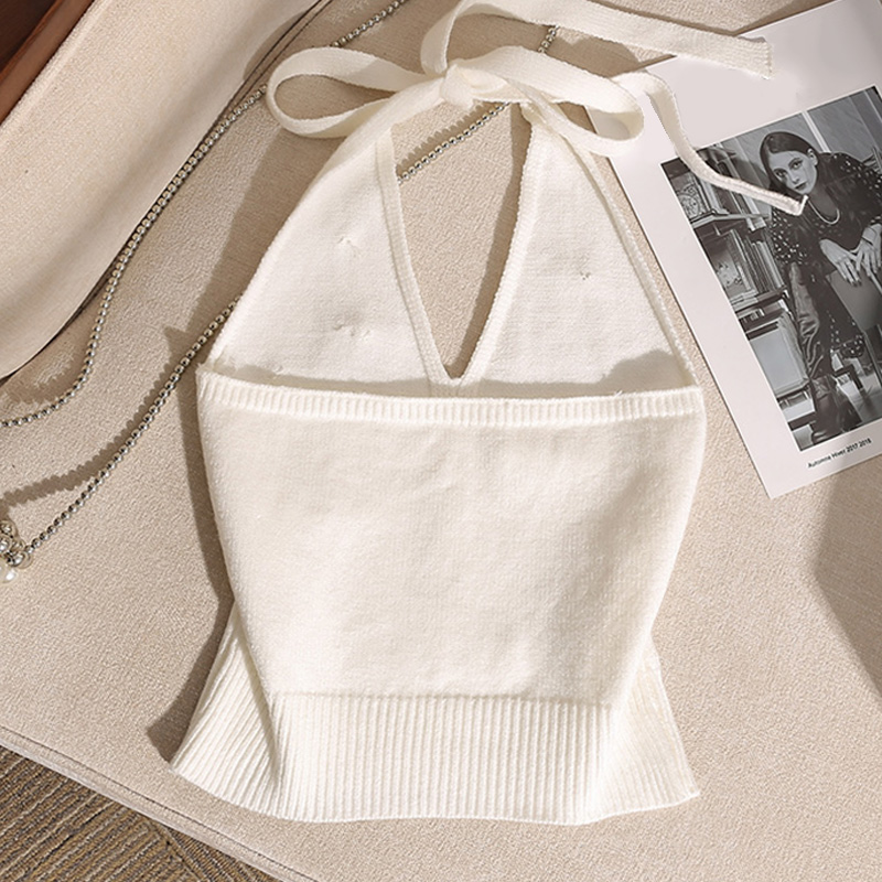 Mode française perlée licou cou cravate noeud dos nu tricoté gilet pour les femmes
