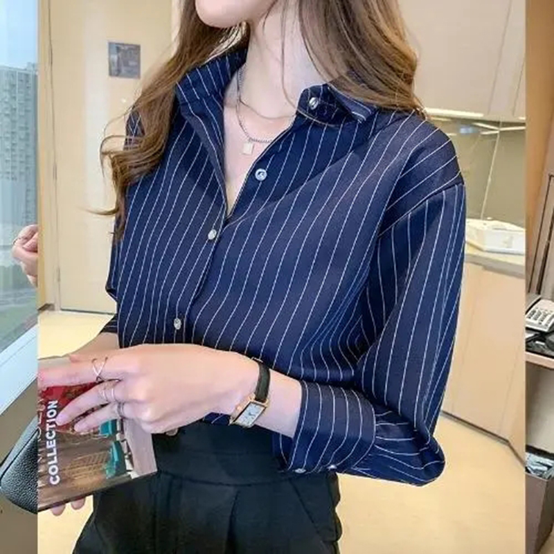 Chemise rayée pour femmes, Vintage, Chic, ample, manches longues, haut Y2K, bureau, mode dames, décontracté, col rabattu, chemisier assorti avec tout, été